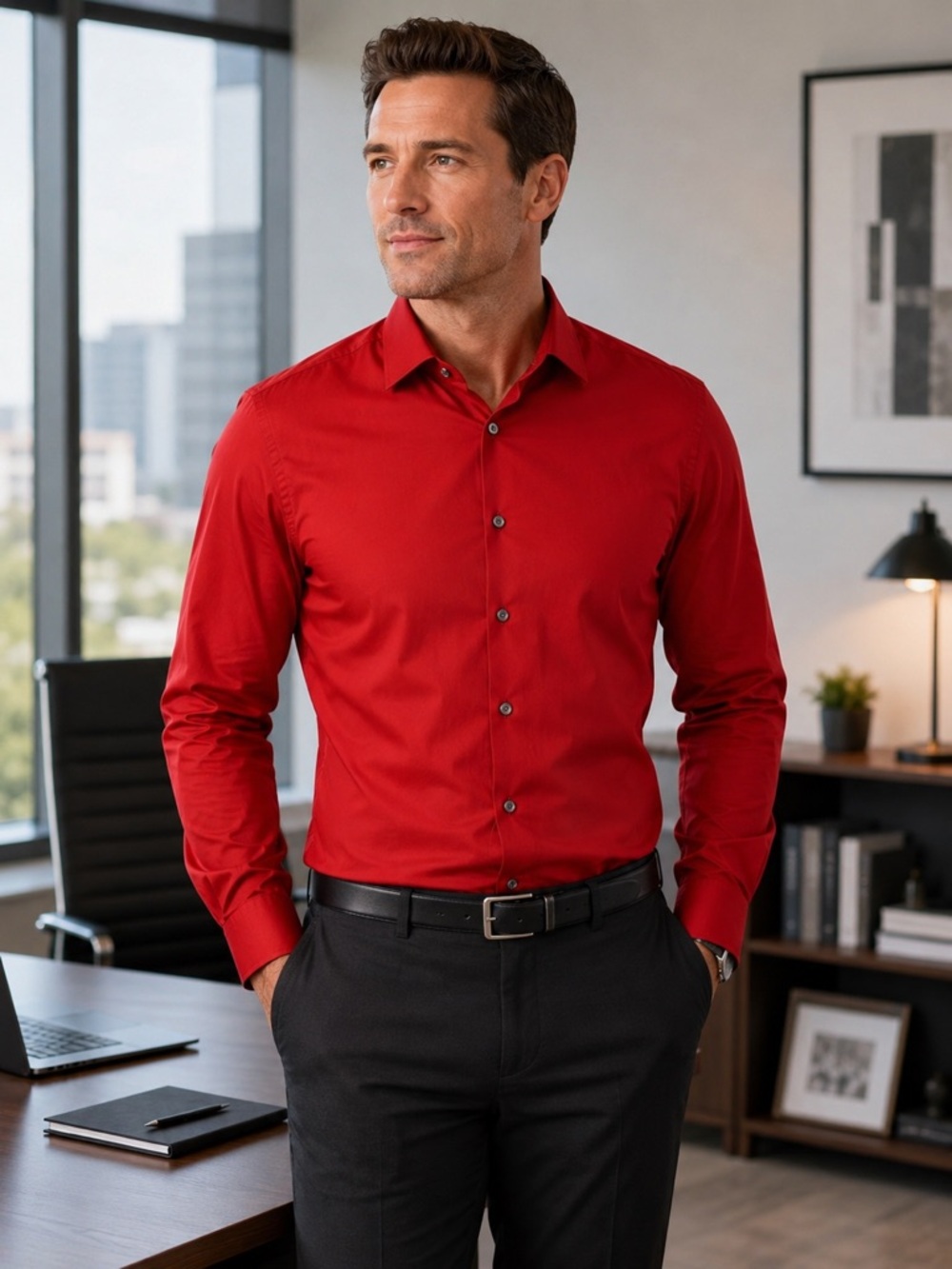 JF J.Ferrar Slim Fit Red Button Front Dress Shirt Men’s Medium